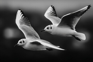 Fototapeta premium Close-Up Black and White Photography of Flying Seagulls with Spread Wings Over Ocean Sky Du Daytime