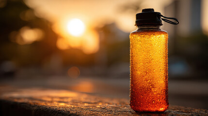Refreshing drink in hydration bottle glistens with droplets as sun sets, highlighting importance of staying hydrated