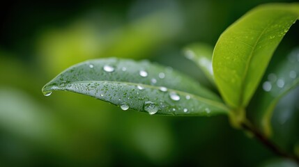 Fototapeta premium Close-up of vibrant green leaf with water droplets on surface, fresh nature background, detailed organic plant with dew, outdoor greenery scene