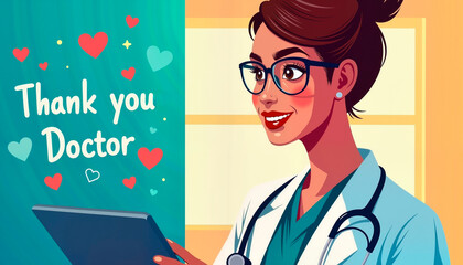 Female doctor smiling while holding a tablet and seeing the inscription "Thank you" on the wall - International Doctor's Day concept