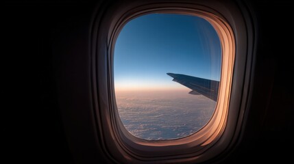 Fototapeta premium View of an airplane wing and the horizon over clouds seen through an airplane window du sunset or sunrise with warm glow and sky colors