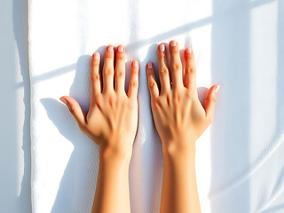 A woman's hands resting peacefully on a white surface in the morning sunlight, embodying self-care and serenity