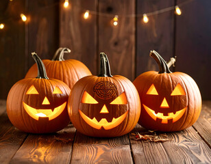 Fototapeta premium Illuminated carved pumpkins halloween decor