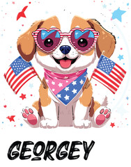 Kawaii Patriotic Puppy with Heart Sunglasses and American Flags – Cute Sticker-Style Illustration on Black Background
