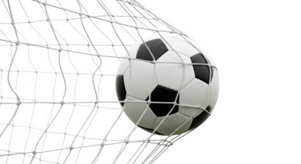 Ai generated image of soccer ball in the net isolated on transparent background