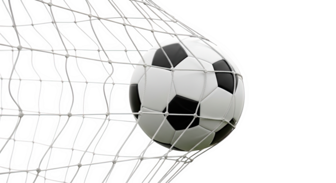 Ai generated image of soccer ball in the net isolated on transparent background
