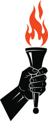 A powerful graphic of a silhouetted hand holding a flaming torch, symbolizing hope, victory, and enlightenment.