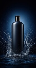 Sleek, dark bottle with a black cap. Water splashes dynamically around it against a dark blue, speckled backdrop. Dramatic lighting adds to the effect