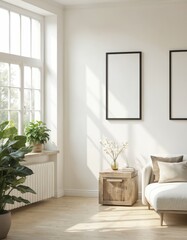 Living room with gray sofa, armchair, wooden table, white curtains, vase flowers. Natural light, gray rug, cozy ambiance, peaceful atmosphere. White, gray, wood color scheme, comfortable space.