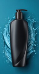 Black bottle on blue, surrounded by a splash of water. The sleek bottle has a dark pump dispenser, and the water creates a dynamic swirl behind it
