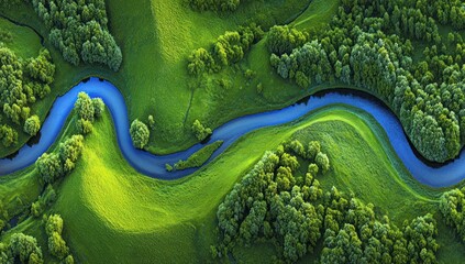 Aerial view of a winding blue river through lush, bright green hills dotted with trees. Curving water contrasts the vibrant landscape