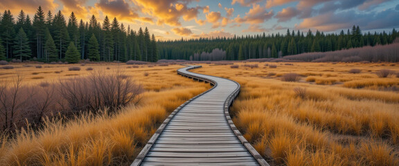 A winding boardwalk meanders through a sunlit meadow, tall grasses swaying gently under a vibrant sunset sky, framed by a dark evergreen forest.
