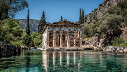 Ancient Greek temple ruin with columns sits in a clear, reflective pool amidst lush greenery and rocky cliffs under a bright blue sky
