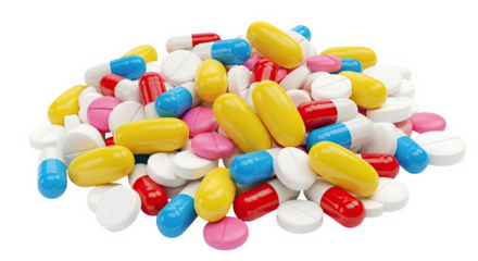 Ai generated image of a pile of colorful pills and capsules isolated on transparent background