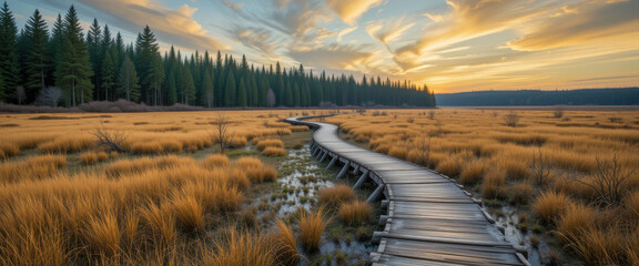 A winding wooden boardwalk meanders through a golden marsh, towards a dark forest silhouetted against a vibrant sunset sky. Tranquil autumnal landscape.