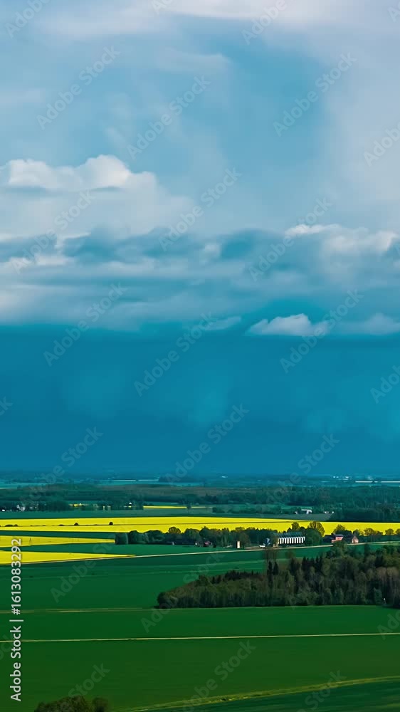 Aufkleber dynamic timelapse showing fluffy and dark clouds drifting across the sky above flat fields.