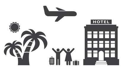tourist with luggage near hotel with palm tree and plane icon