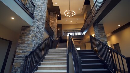 Obraz premium Grand interior. Wide staircase with stone columns, and elegant chandelier lighting the lobby