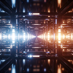 Cinematic Corridor With Pulsing Anamorphic Flares Across Glass Walls, Creating Infinite Reflections and Surreal Light Tunnels