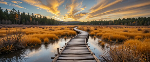 A rustic wooden boardwalk winds through a tranquil autumn marsh, reflecting a vibrant sunset sky.  Golden grasses line the still water, creating a peaceful scene.
