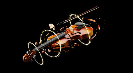 Exploded Violin Deconstructed Into Floating Wooden Pieces and Strings in Midair With Abstract Force Field Around It