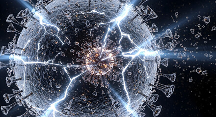 Disintegrating Virus Sphere With Transparent Shell and Light Beam Cracks Releasing Abstract Data Particles Into Surrounding Space