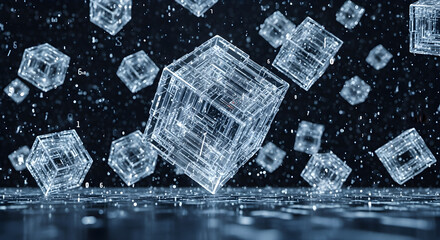 Floating 3D Abstract Cube Formations With Transparent Faces, Laser Lines, and Hovering Code Fragments on Virtual Background