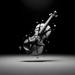 Fragmented Violin Suspended in Zero Gravity With Cubist Inspired Disconnected Shapes and Sharp Shadows on Monochrome Backdrop