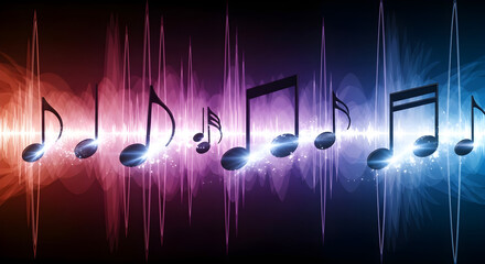 Floating Musical Notes With Trails of Light Forming Anamorphic Flares in Midair Over Abstract Soundwave Background