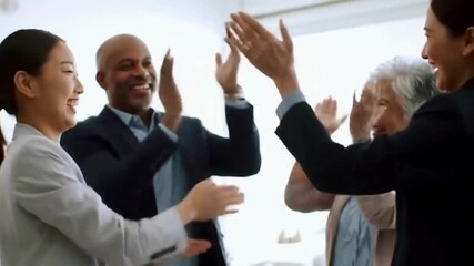 Diverse Business Team Celebrating Success. Multicultural Professionals Applauding, High-Fiving in Office for Teamwork, Achievement, and Corporate Collaboration. 