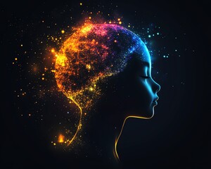 Plexus structure brain made from colorful glowing particles in black silhouette of child s head