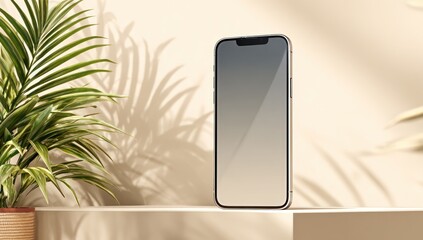Sleek phone on beige platform, framed by potted fern, bathed in sunlit, patterned shadows on a neutral wall. Minimal, inviting, and modern aesthetic