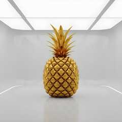 Golden Pineapple Made of Metal Cubes in a Futuristic Studio With Reflective Glass Floor