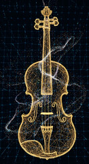 Golden Violin Wireframe With Flowing Particle Lines and Glowing Trails in Abstract Sci-Fi Digital Grid Background