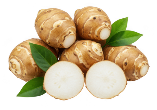 Fresh jerusalem artichokes with green leaves isolated on transparent background