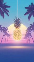 Surreal Floating Pineapple in Vaporwave Gradient Sky With Neon Palm Shadows