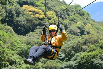 Exciting zip line adventure through a lush forest canopy
