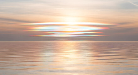 Sunset Scene With Multiple Horizontal Light Flares Over Calm Ocean Water in Abstract Dreamlike Haze