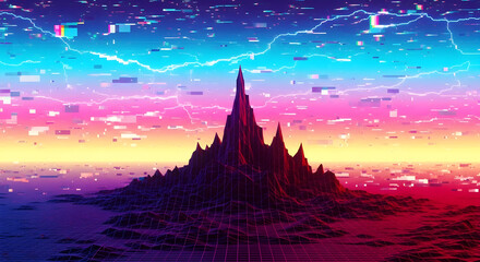 Virtual Mountain Landscape Made of Glitch Pixels and Digital Noise With Neon Sky and Flickering Abstract Skyline