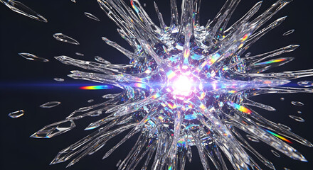 Abstract Crystal Virus With Shattered Core and Prismatic Light Refractions Radiating from Fragmented Surface on Black Background