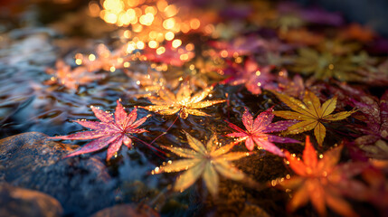 日本の清流を流れる紅葉したもみじ