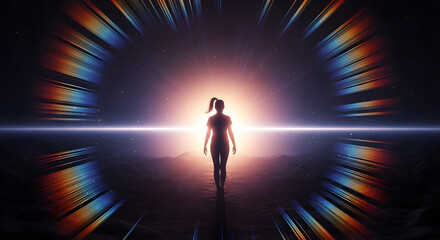 Abstract Human Silhouette Walking Into Horizon Surrounded by Expanding Anamorphic Lens Flares and Radiant Light Distortion Trails