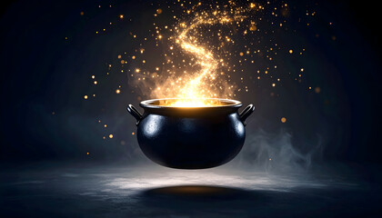 Magical cauldron with golden fire