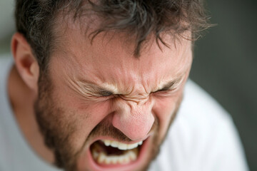 Obraz premium Person expresses anger with intense emotion and tense features
