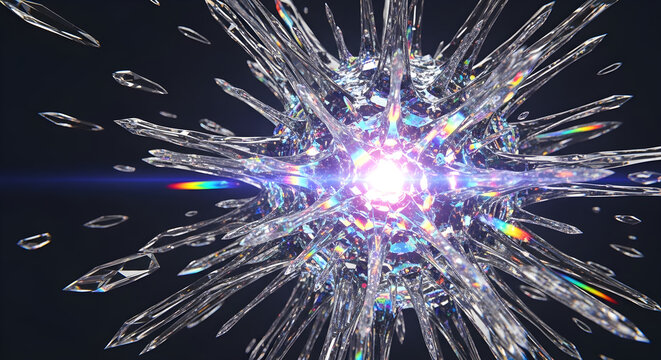 Abstract Crystal Virus With Shattered Core and Prismatic Light Refractions Radiating from Fragmented Surface on Black Background