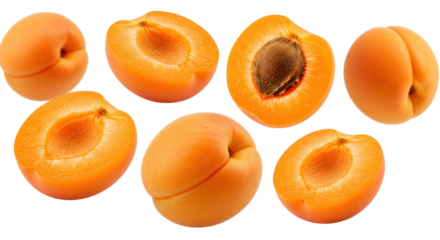 Fresh Apricots in Various Stages of Preparation on a Transparent Black Background