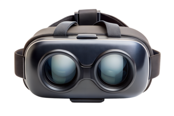 A modern black virtual reality headset with textured surfaces and clear lenses, isolated on a transparent background