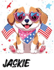 Kawaii Patriotic Puppy with Heart Sunglasses and American Flags – Cute Sticker-Style Illustration on Black Background