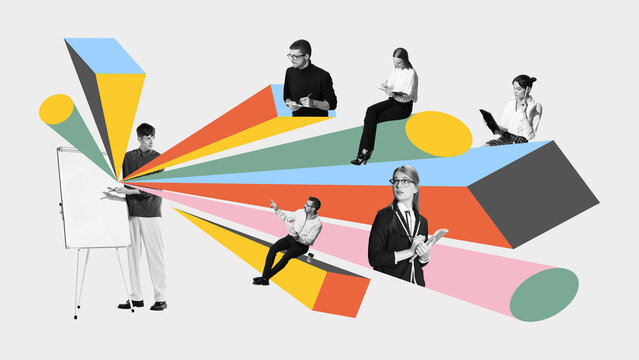 Collage of man presenting on flipchart to hybrid team connected through colorful beams. Concept of remote team training, digital instruction, project updates, corporate soft-skills education.