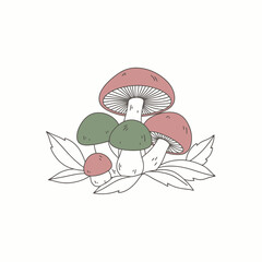 Stylized Hand-Drawn Forest Mushrooms and Leaves Illustration. Botanical Fungi and Foliage Line Art.